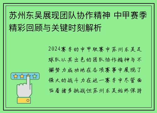 苏州东吴展现团队协作精神 中甲赛季精彩回顾与关键时刻解析 苏州东吴展现团队协作精神 中甲赛季精彩回顾与关键时刻解析