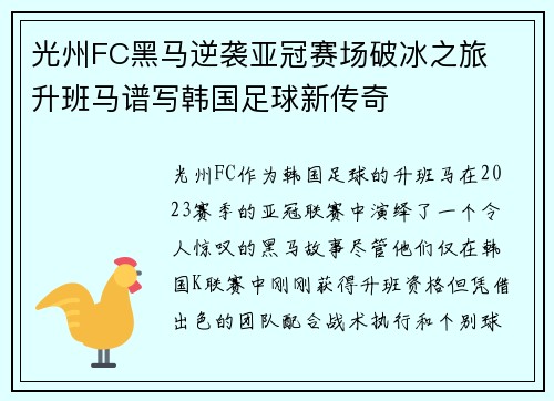 光州FC黑马逆袭亚冠赛场破冰之旅  升班马谱写韩国足球新传奇